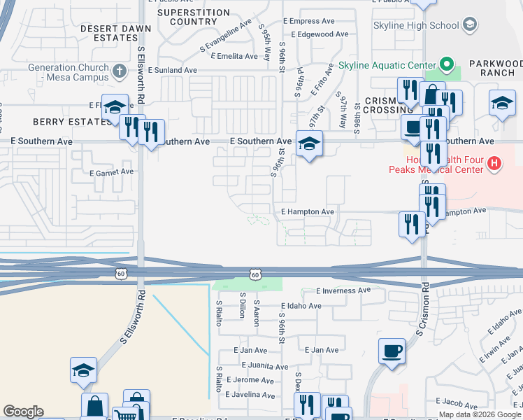 map of restaurants, bars, coffee shops, grocery stores, and more near 1265 South Aaron in Mesa