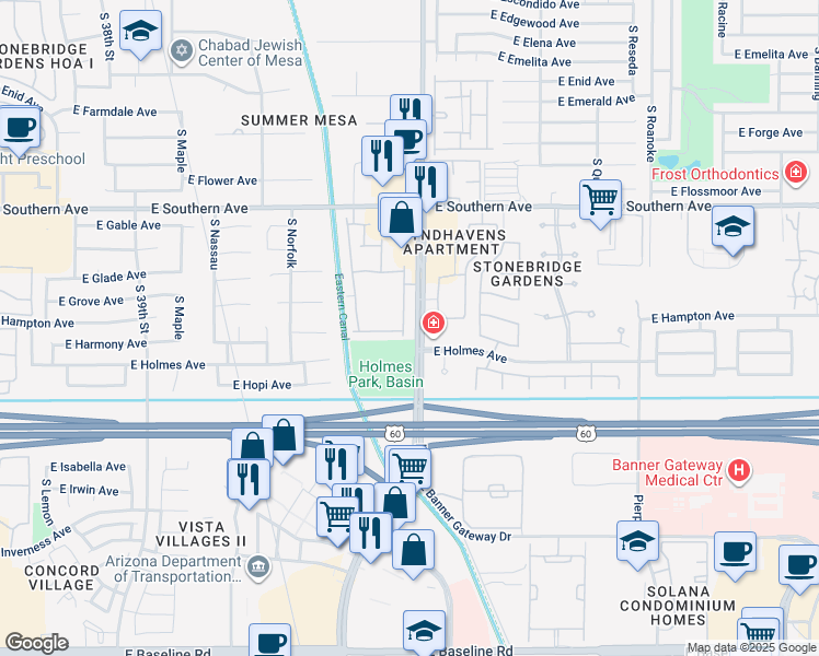 map of restaurants, bars, coffee shops, grocery stores, and more near 1425 South Greenfield Road in Mesa