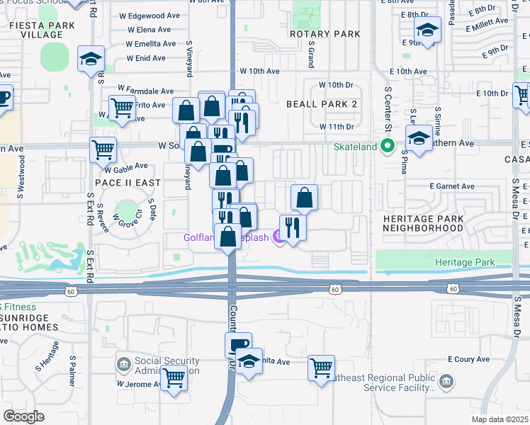 map of restaurants, bars, coffee shops, grocery stores, and more near 336 West Hampton Avenue in Mesa