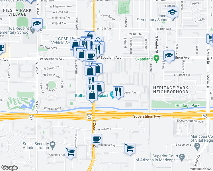 map of restaurants, bars, coffee shops, grocery stores, and more near 336 West Hampton Avenue in Mesa