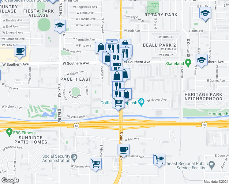 map of restaurants, bars, coffee shops, grocery stores, and more near 1363 S Vineyard in Mesa