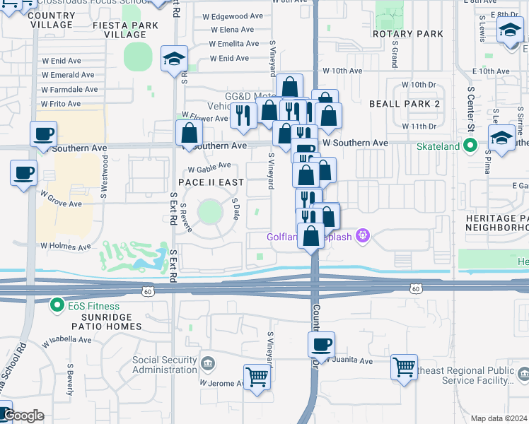 map of restaurants, bars, coffee shops, grocery stores, and more near 1362 South Vineyard in Mesa