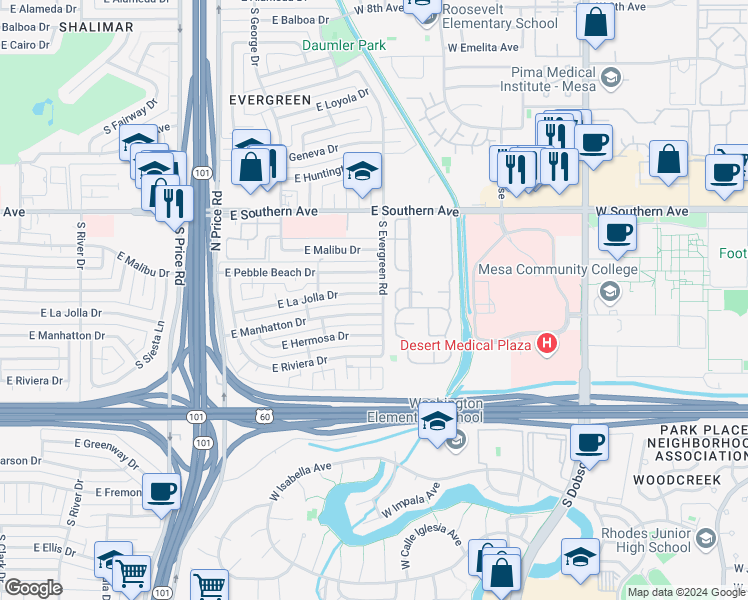 map of restaurants, bars, coffee shops, grocery stores, and more near 2543 East La Jolla Drive in Tempe