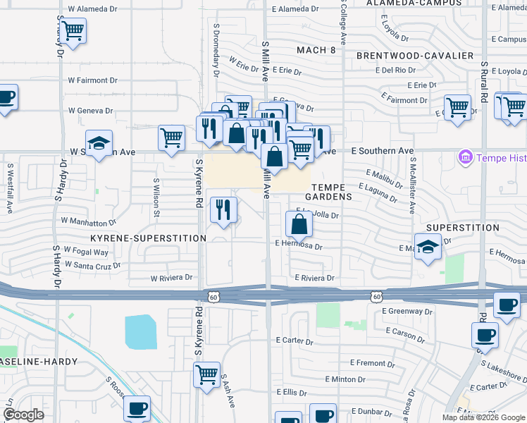 map of restaurants, bars, coffee shops, grocery stores, and more near 3730 South Mill Avenue in Tempe