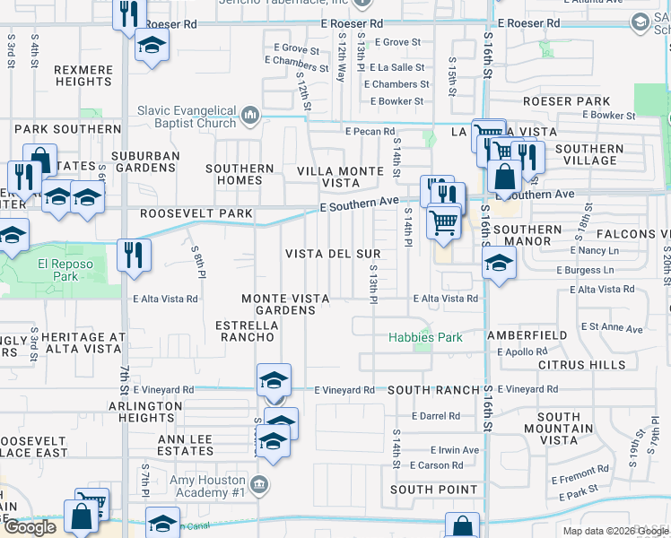 map of restaurants, bars, coffee shops, grocery stores, and more near 6209 South 12 Place in Phoenix