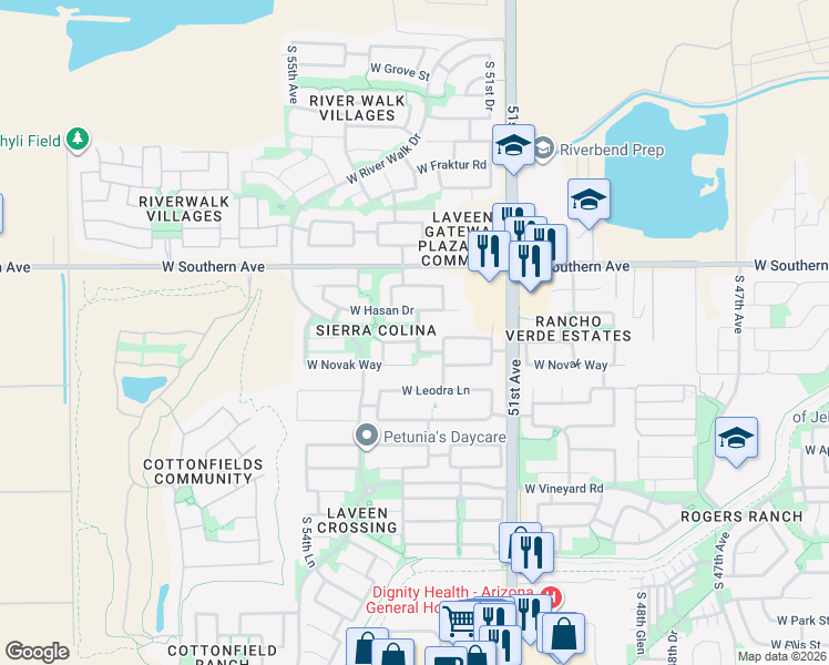 map of restaurants, bars, coffee shops, grocery stores, and more near 6431 South 51st Drive in Phoenix