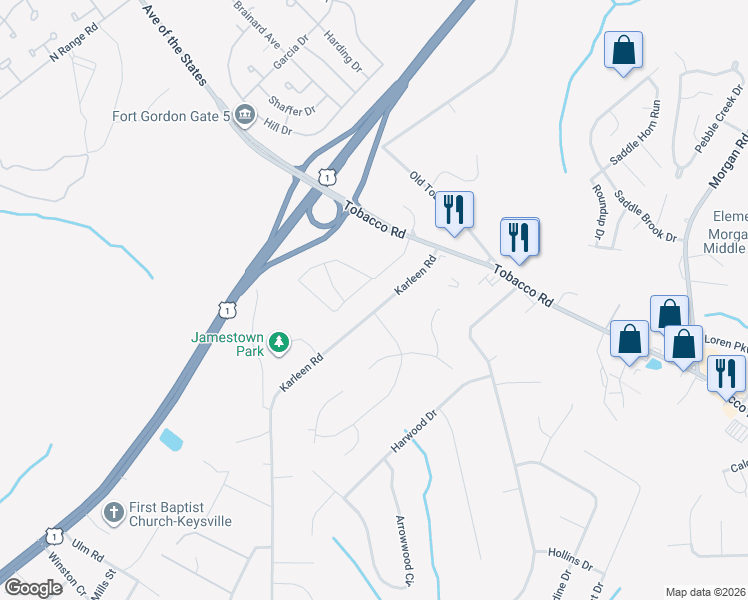 map of restaurants, bars, coffee shops, grocery stores, and more near 3623 Karleen Road in Hephzibah