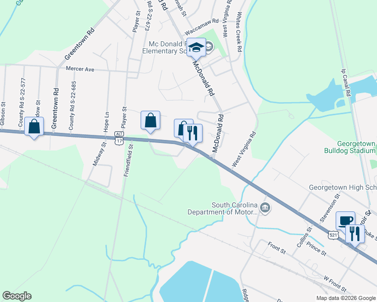 map of restaurants, bars, coffee shops, grocery stores, and more near 3431 Highmarket Street in Georgetown