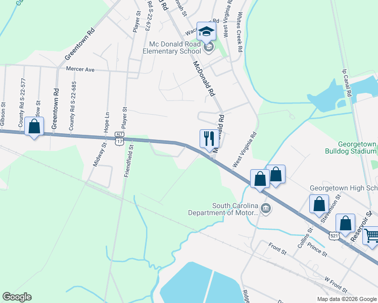 map of restaurants, bars, coffee shops, grocery stores, and more near 3431 Highmarket Street in Georgetown