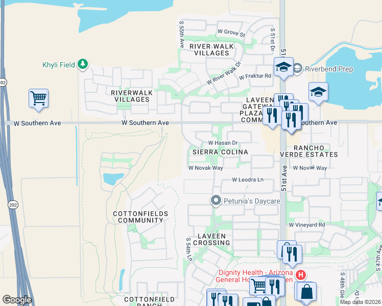 map of restaurants, bars, coffee shops, grocery stores, and more near 5434 West T Ryan Lane in Phoenix