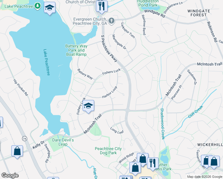 map of restaurants, bars, coffee shops, grocery stores, and more near 200 Lanyard Loop in Peachtree City