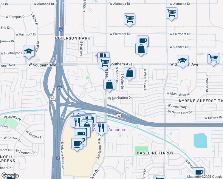 map of restaurants, bars, coffee shops, grocery stores, and more near 3803 South Priest Drive in Tempe