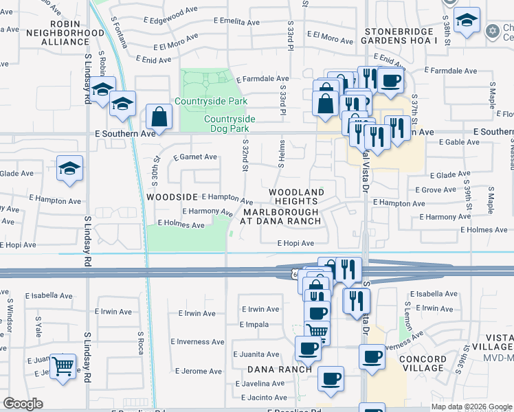 map of restaurants, bars, coffee shops, grocery stores, and more near 1402 South almar Circle in Mesa