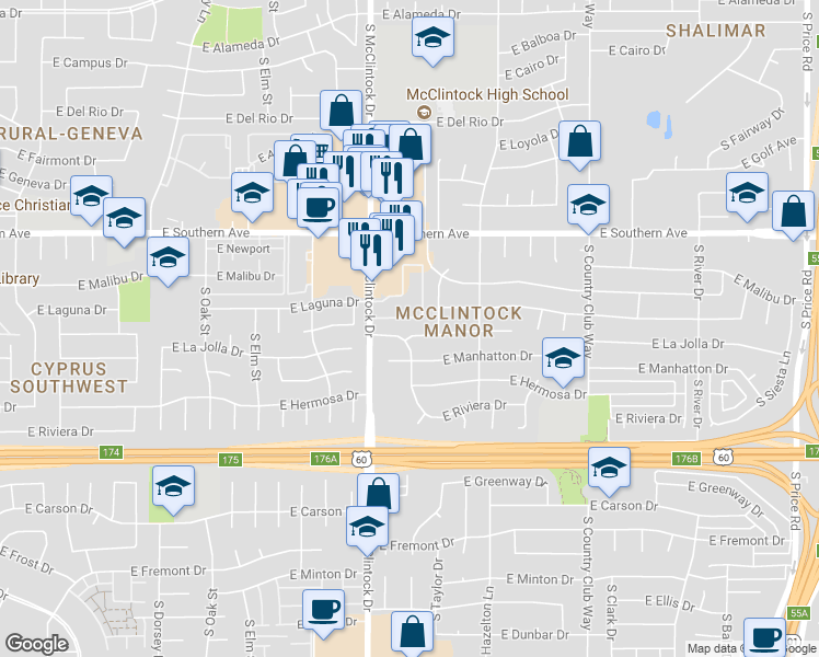 map of restaurants, bars, coffee shops, grocery stores, and more near 1818 East La Jolla Drive in Tempe