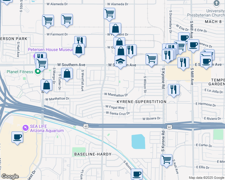 map of restaurants, bars, coffee shops, grocery stores, and more near 939 West La Jolla Drive in Tempe
