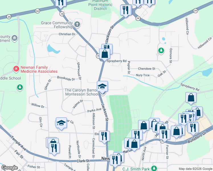 map of restaurants, bars, coffee shops, grocery stores, and more near 8 Woodland Drive in Newnan
