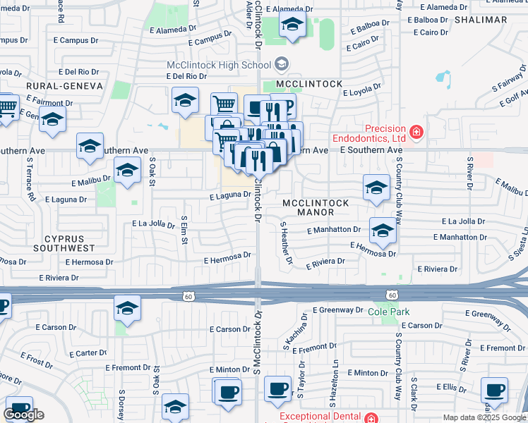 map of restaurants, bars, coffee shops, grocery stores, and more near 1802 East La Jolla Drive in Tempe
