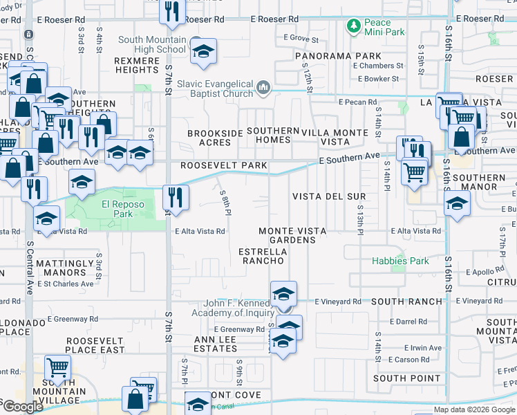 map of restaurants, bars, coffee shops, grocery stores, and more near 6216 South 10th Street in Phoenix