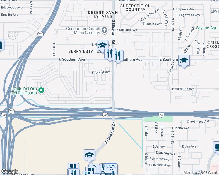 map of restaurants, bars, coffee shops, grocery stores, and more near 1229 South Ellsworth Road in Mesa