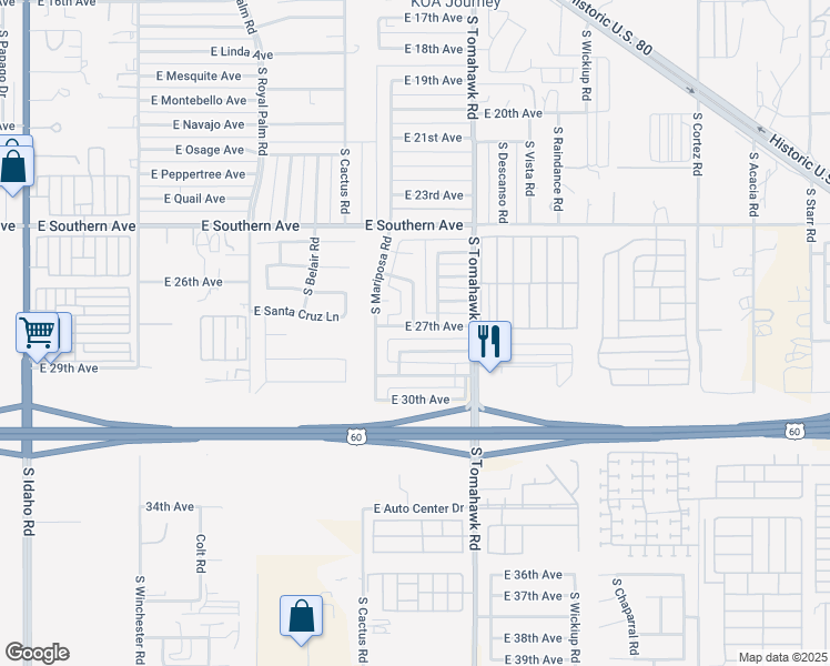 map of restaurants, bars, coffee shops, grocery stores, and more near 1395 East 27th Avenue in Apache Junction