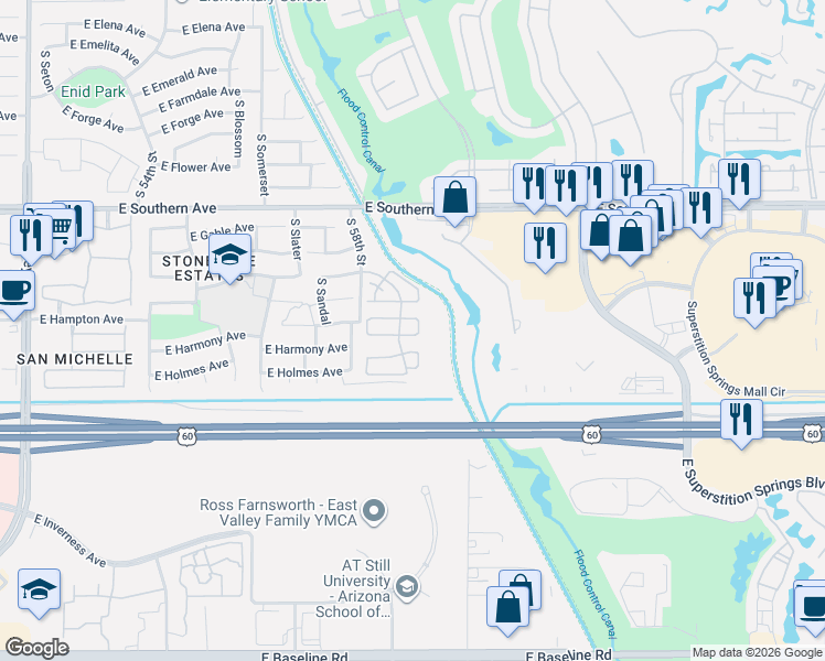map of restaurants, bars, coffee shops, grocery stores, and more near 5860 East Hampton Avenue in Mesa