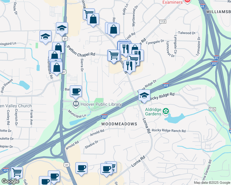 map of restaurants, bars, coffee shops, grocery stores, and more near 1 Hampton Place in Vestavia Hills