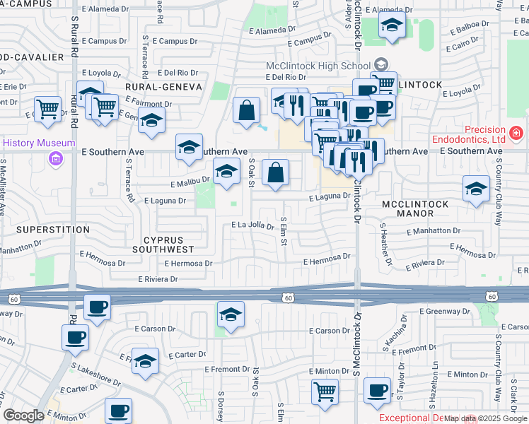 map of restaurants, bars, coffee shops, grocery stores, and more near 3520 South Poplar Street in Tempe