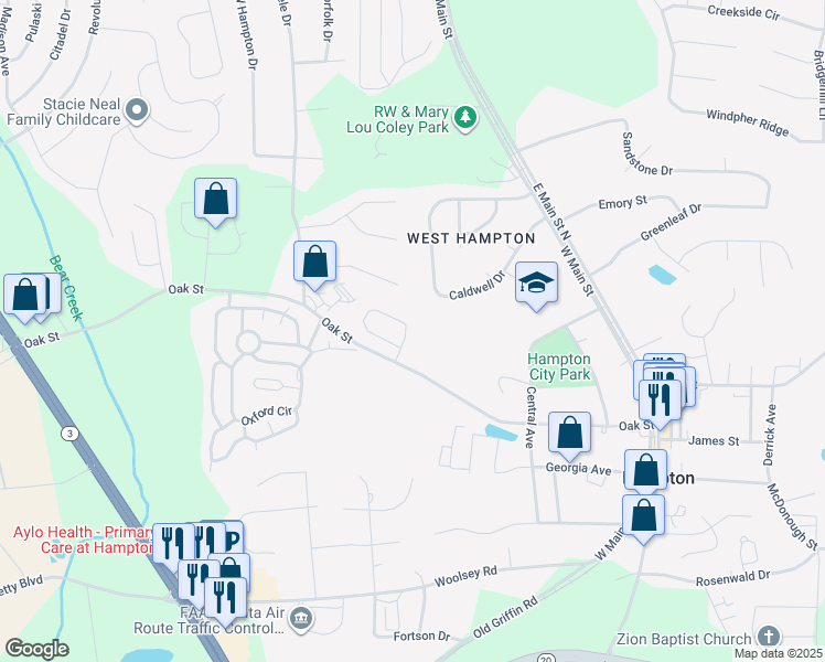 map of restaurants, bars, coffee shops, grocery stores, and more near 39 Hampton Oaks Drive in Hampton