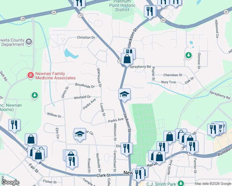 map of restaurants, bars, coffee shops, grocery stores, and more near 200 Jackson Street in Newnan