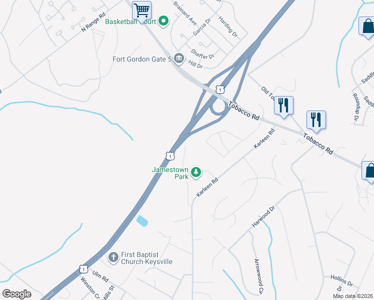 map of restaurants, bars, coffee shops, grocery stores, and more near 3704 Old Karleen Road in Hephzibah