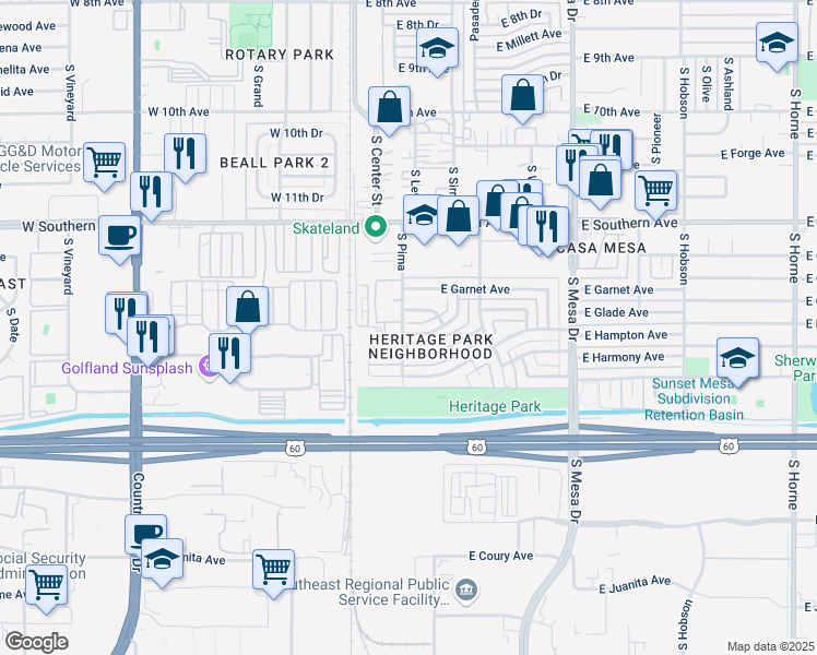 map of restaurants, bars, coffee shops, grocery stores, and more near 108 East Grove Avenue in Mesa