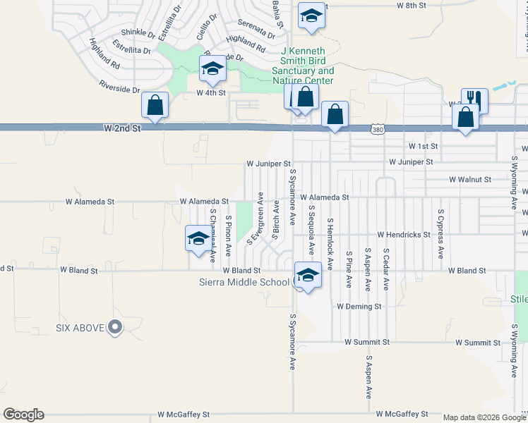 map of restaurants, bars, coffee shops, grocery stores, and more near 405 South Evergreen Avenue in Roswell