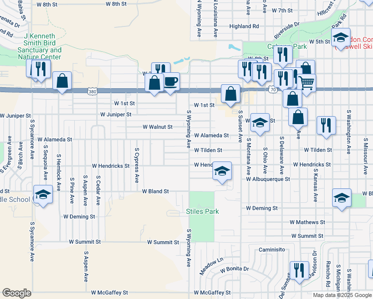 map of restaurants, bars, coffee shops, grocery stores, and more near 1601 West Tilden Street in Roswell