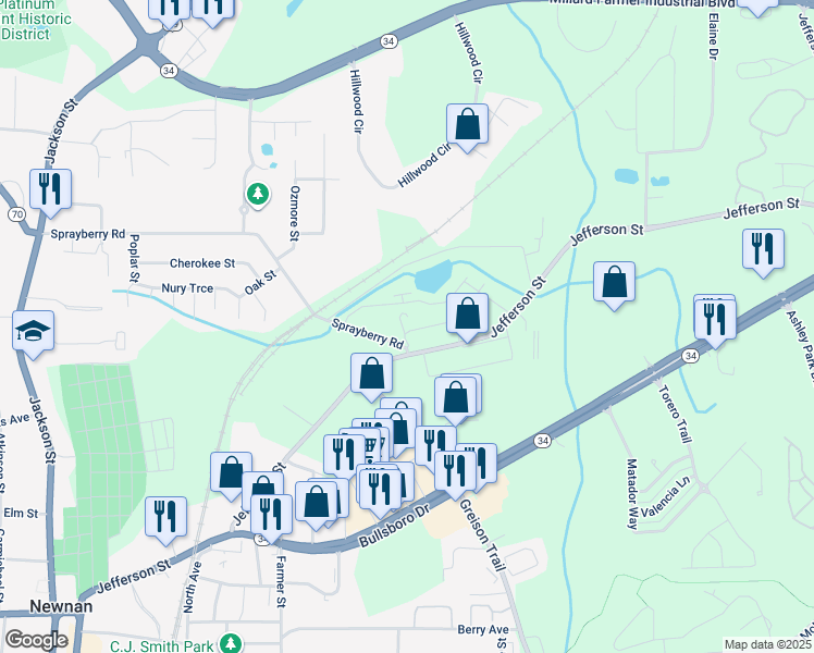 map of restaurants, bars, coffee shops, grocery stores, and more near 27 North Street in Newnan