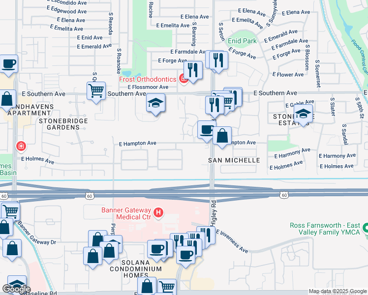 map of restaurants, bars, coffee shops, grocery stores, and more near 5066 East Harmony Avenue in Mesa