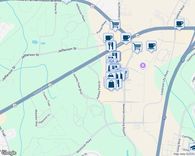 map of restaurants, bars, coffee shops, grocery stores, and more near Ashley Park Drive in Newnan