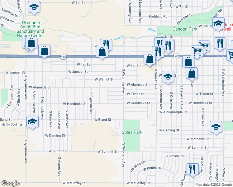 map of restaurants, bars, coffee shops, grocery stores, and more near 1601-1699 W Tilden St in Roswell