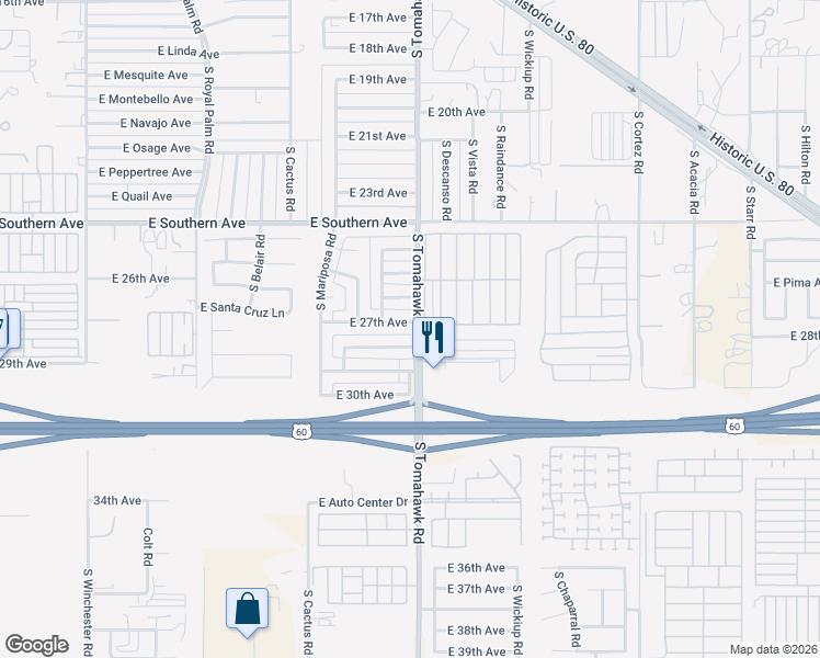 map of restaurants, bars, coffee shops, grocery stores, and more near 1551 East 27th Avenue in Apache Junction