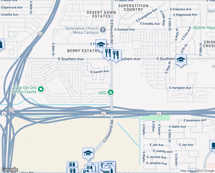 map of restaurants, bars, coffee shops, grocery stores, and more near 1229 South Ellsworth Road in Mesa
