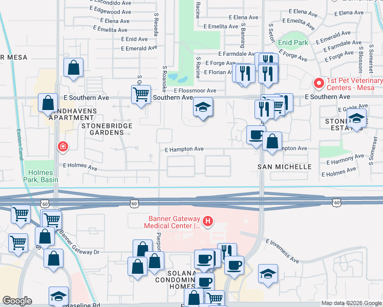 map of restaurants, bars, coffee shops, grocery stores, and more near 4862 East Harmony Avenue in Mesa
