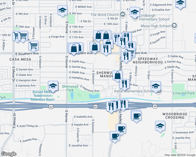map of restaurants, bars, coffee shops, grocery stores, and more near 1040 East Hampton Avenue in Mesa