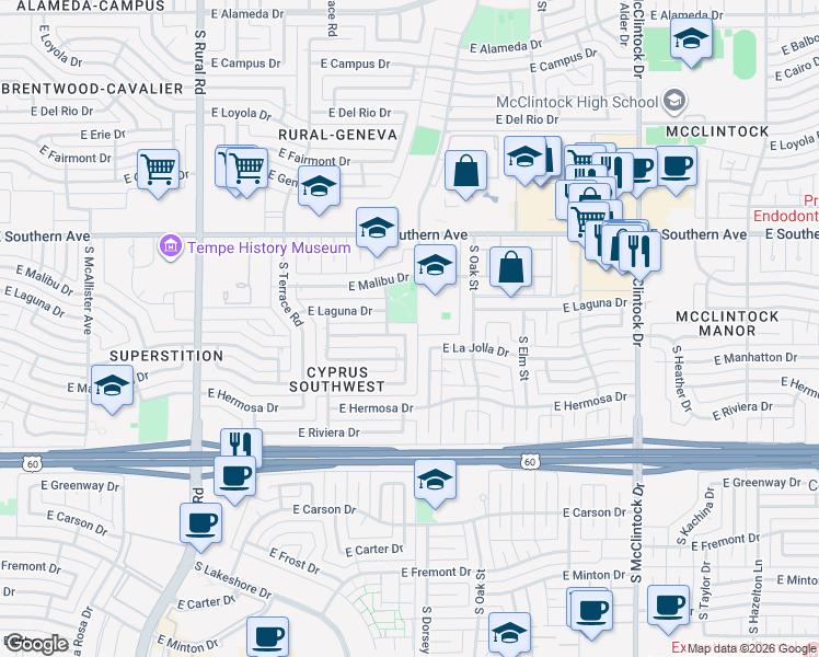 map of restaurants, bars, coffee shops, grocery stores, and more near 1280 East Pebble Beach Drive in Tempe