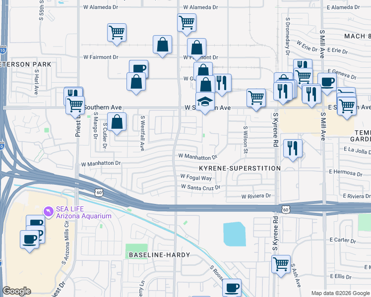 map of restaurants, bars, coffee shops, grocery stores, and more near 939 West La Jolla Drive in Tempe