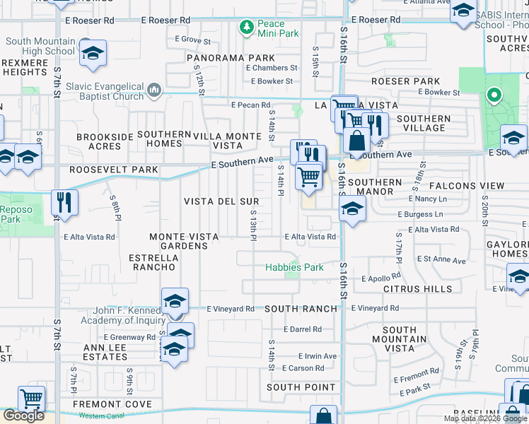 map of restaurants, bars, coffee shops, grocery stores, and more near 6222 South 14th Place in Phoenix