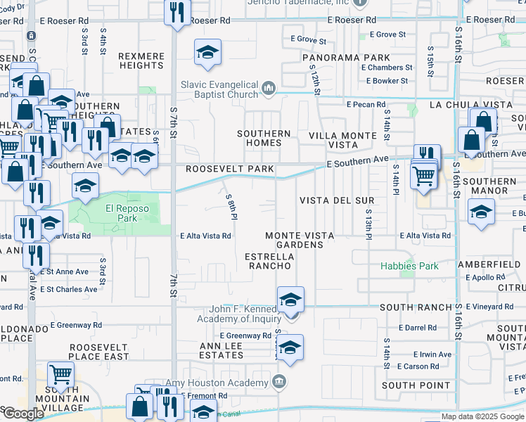 map of restaurants, bars, coffee shops, grocery stores, and more near 6208 South 10th Street in Phoenix
