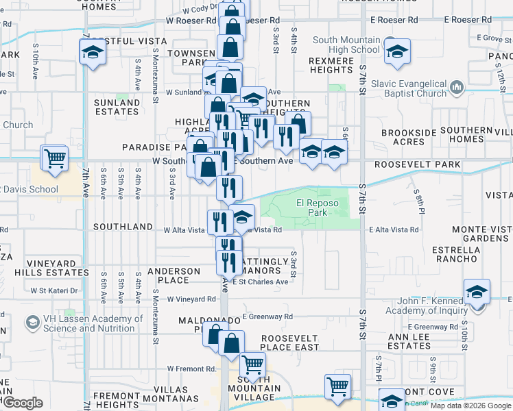 map of restaurants, bars, coffee shops, grocery stores, and more near 6212 South 2nd Street in Phoenix