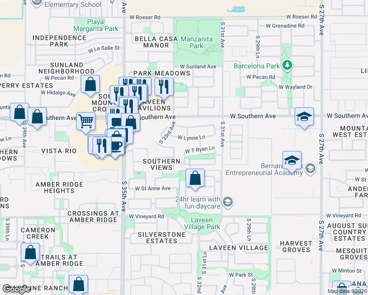 map of restaurants, bars, coffee shops, grocery stores, and more near 3224 West T Ryan Lane in Phoenix