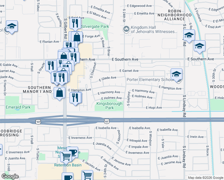 map of restaurants, bars, coffee shops, grocery stores, and more near 2310 East Harmony Avenue in Mesa
