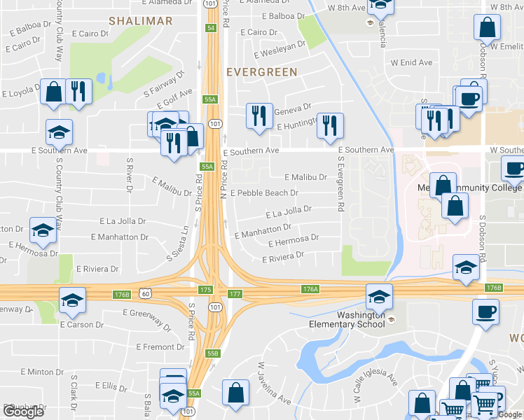 map of restaurants, bars, coffee shops, grocery stores, and more near 3632 South George Drive in Tempe