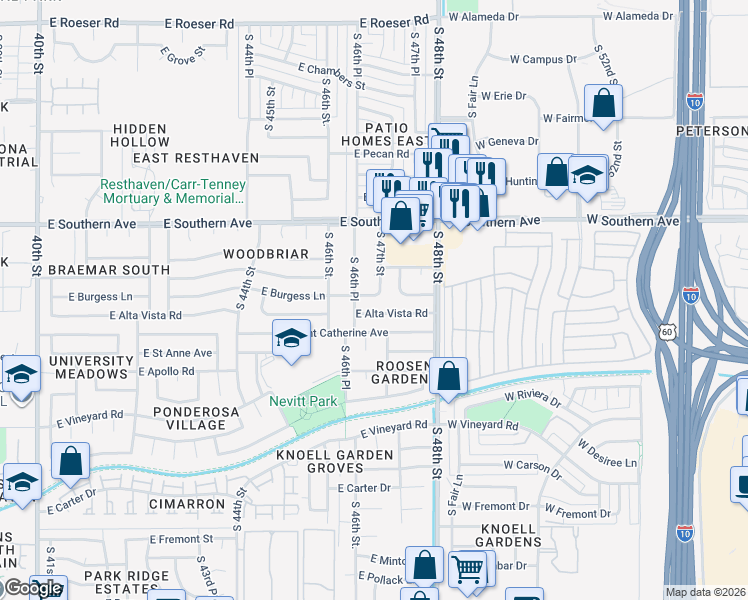 map of restaurants, bars, coffee shops, grocery stores, and more near 4647 East Burgess Lane in Phoenix